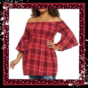 CUTE ☆ RED PLAID FLANNEL ☆  SMOCKED ☆ BELL SLEEVE TOP ☆ NWT
